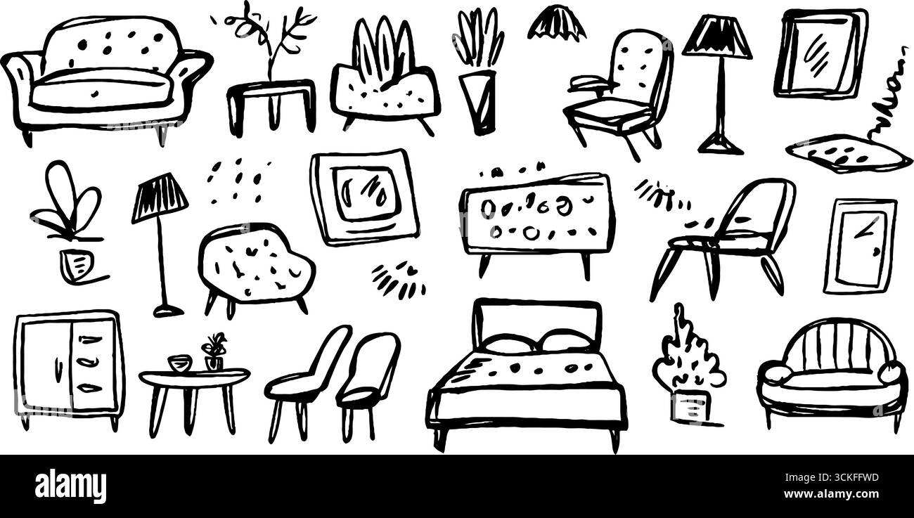 Kritzelnde Möbel – Sofa, Stuhl, Lampe und Dekorskizzen für die Inneneinrichtung. Stock Vektor