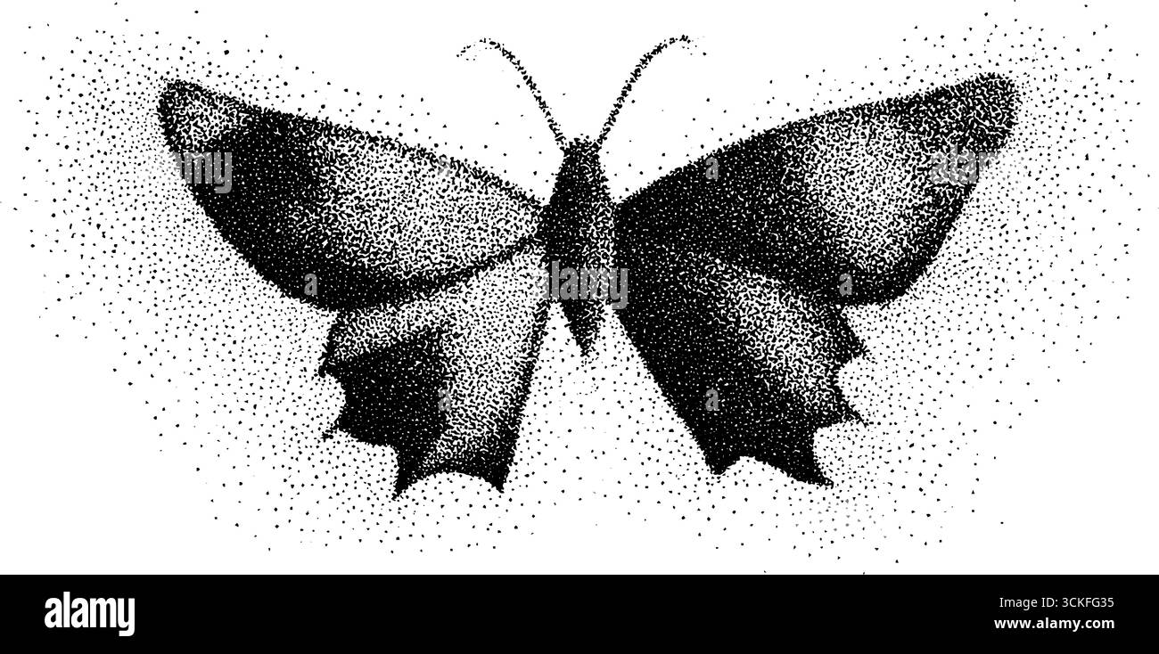 Künstlerische Stipple-Schmetterling-Illustration mit abstraktem Dotwork und Vintage-Sprayeffekt. Stock Vektor