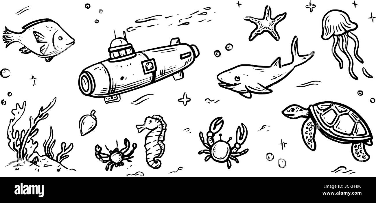 Kritzeln Sie Unterwasserwelt mit U-Boot- und Meeresbewohnern für lustige Designs. Stock Vektor