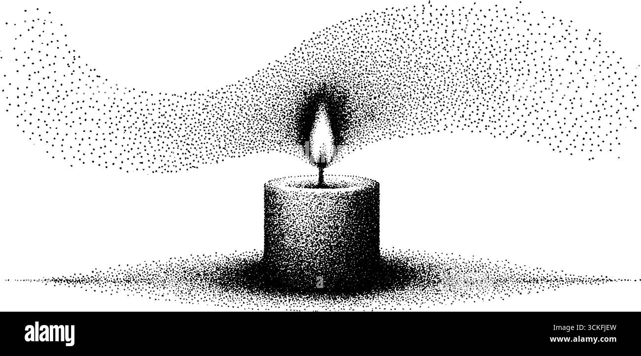 Brennende Kerze in Stipple-Dotwork-Technik mit Halbtoneffekten für die künstlerische Gestaltung. Stock Vektor