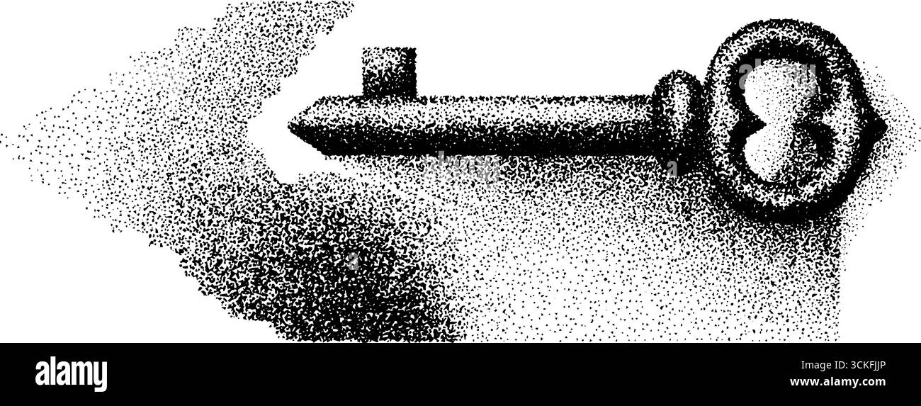 Stipple-Dotwork-Illustration eines hängenden Schlüssels mit Vintage-Effekt für künstlerisches Design. Stock Vektor