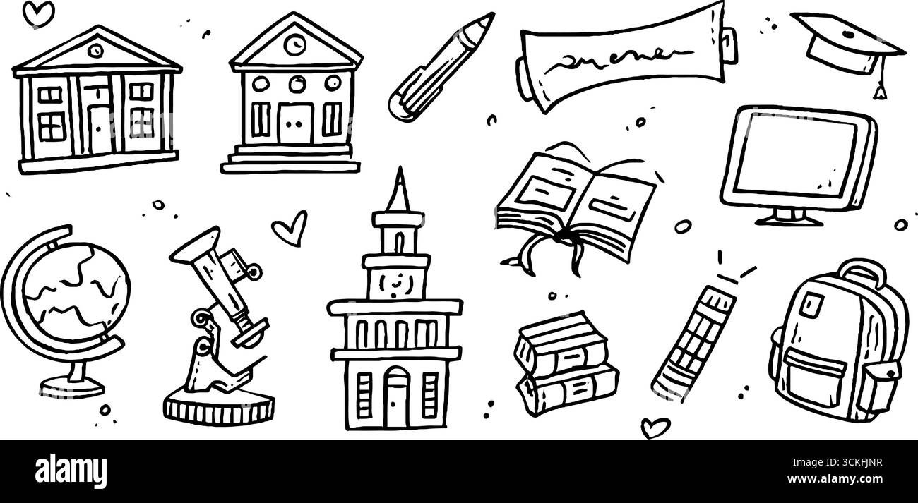 Akademisches Doodle-Set mit Universitätsgebäuden, Diplomen und Lernwerkzeugen. Stock Vektor