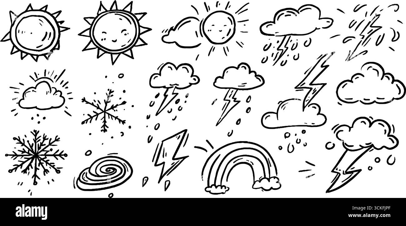 Handgezeichnetes Wetterkritzelset: Sonne, Wolken, Regen, Donner und Regenbogen für kreatives Design. Stock Vektor