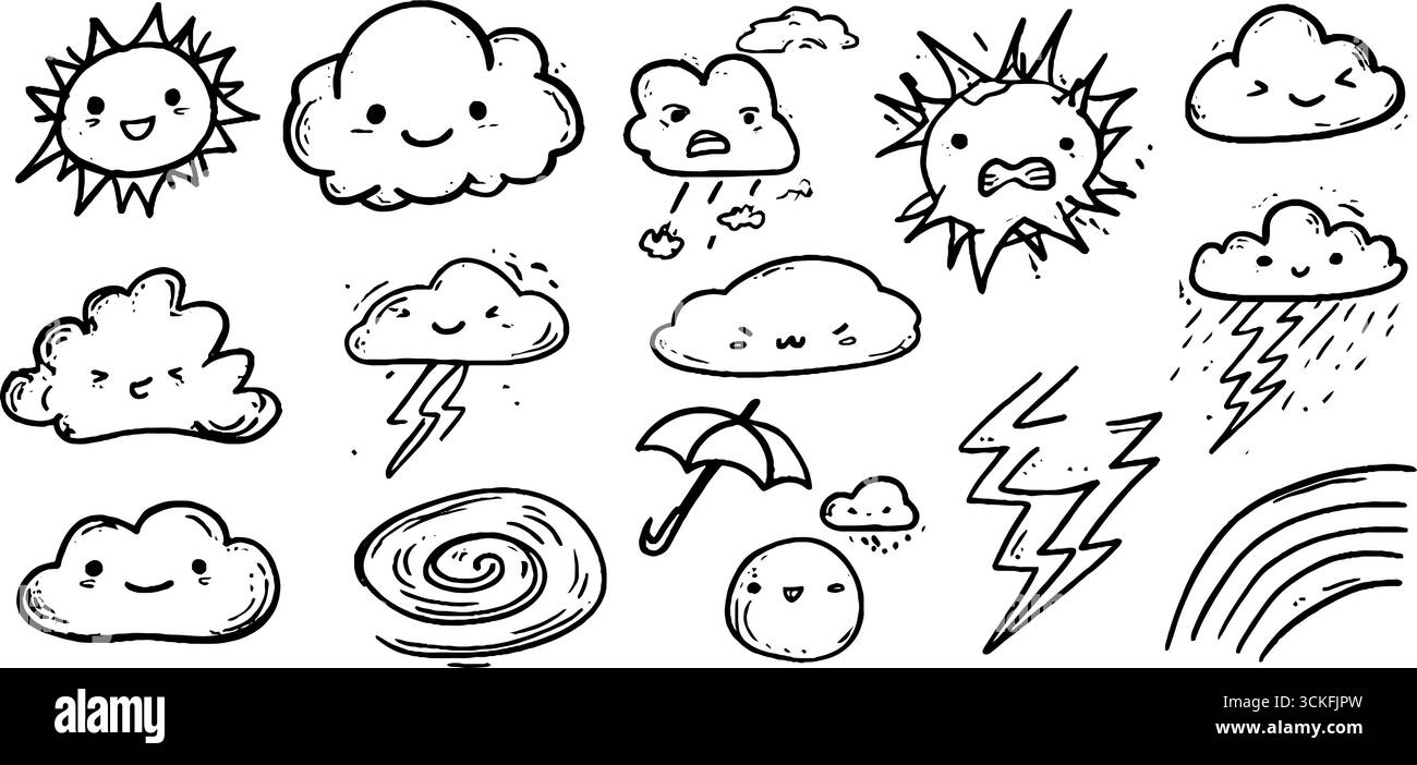 Skurrile Wetterkulisse: Sonne, Wolken, Regen und Blitze für kreatives Design. Stock Vektor