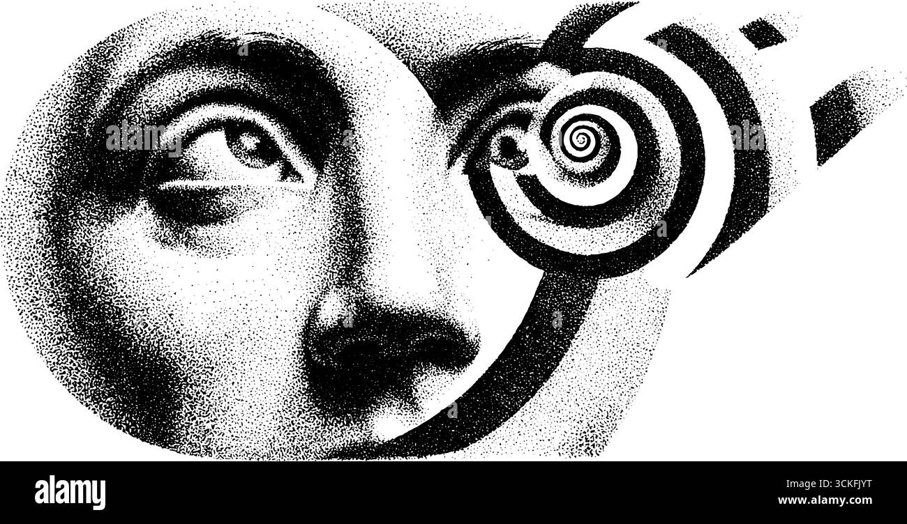 Surreales Stipple-Dotwork-Gesicht mit hypnotischem Spiralaugendesign. Stock Vektor