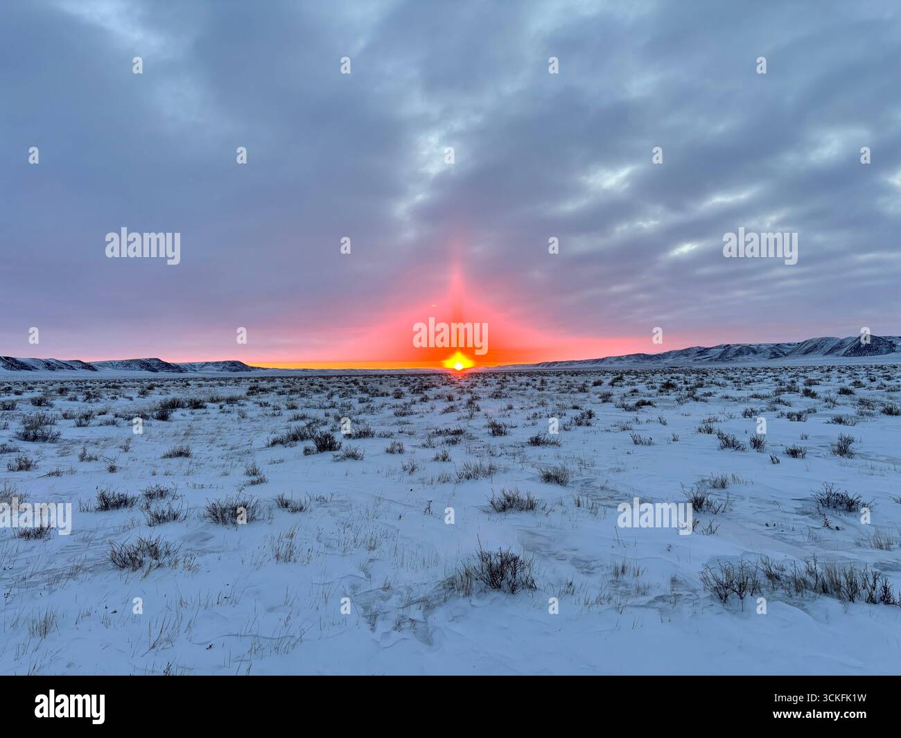 Wintersonnenaufgang mit dramatischen Lichtsäulen, die über dem Horizont über der schneebedeckten Prärielandschaft leuchten. - Smartphone-aufgenommenes Stockfoto