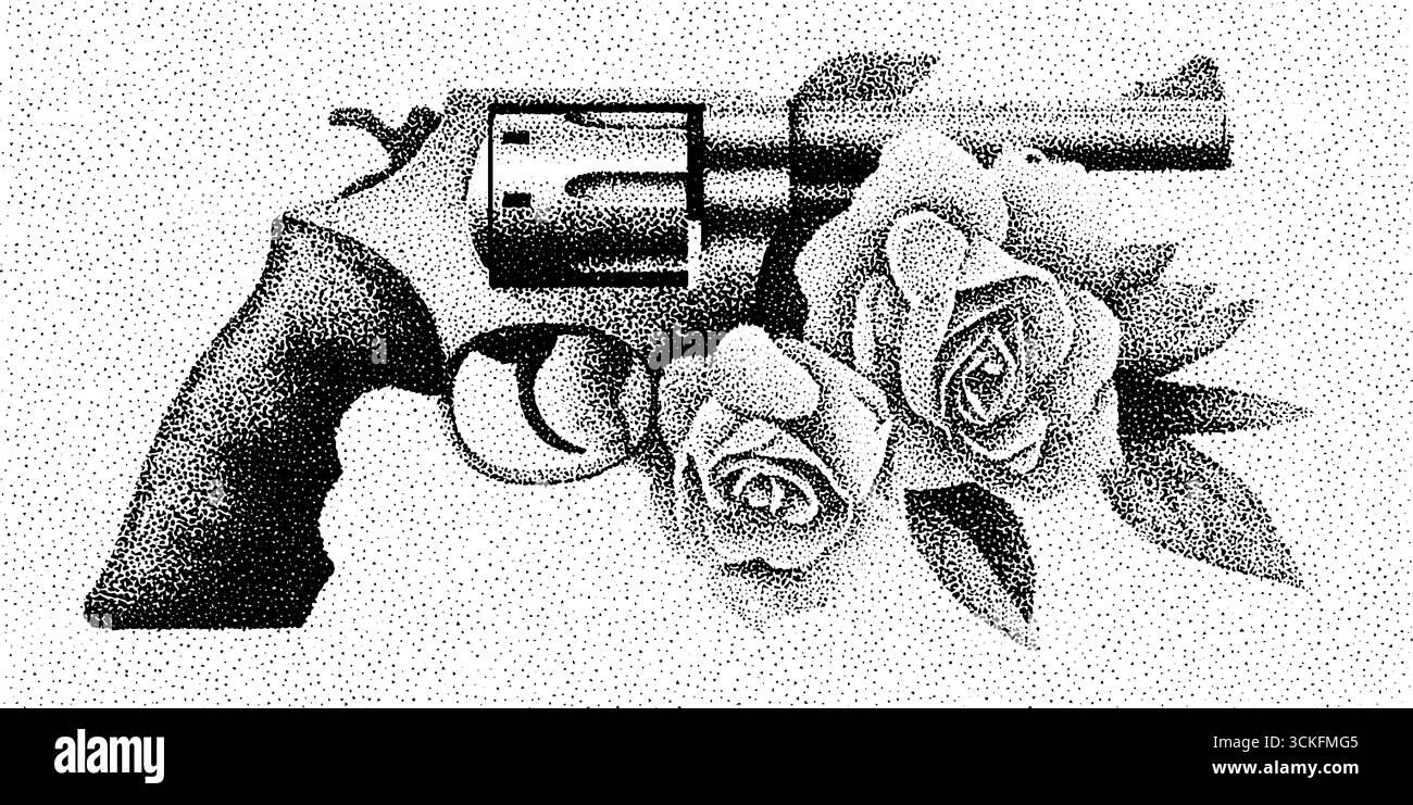Gestreiftes Punktdesign von Revolver und Rosen für dekorative Kunst und Tätowierung. Stock Vektor