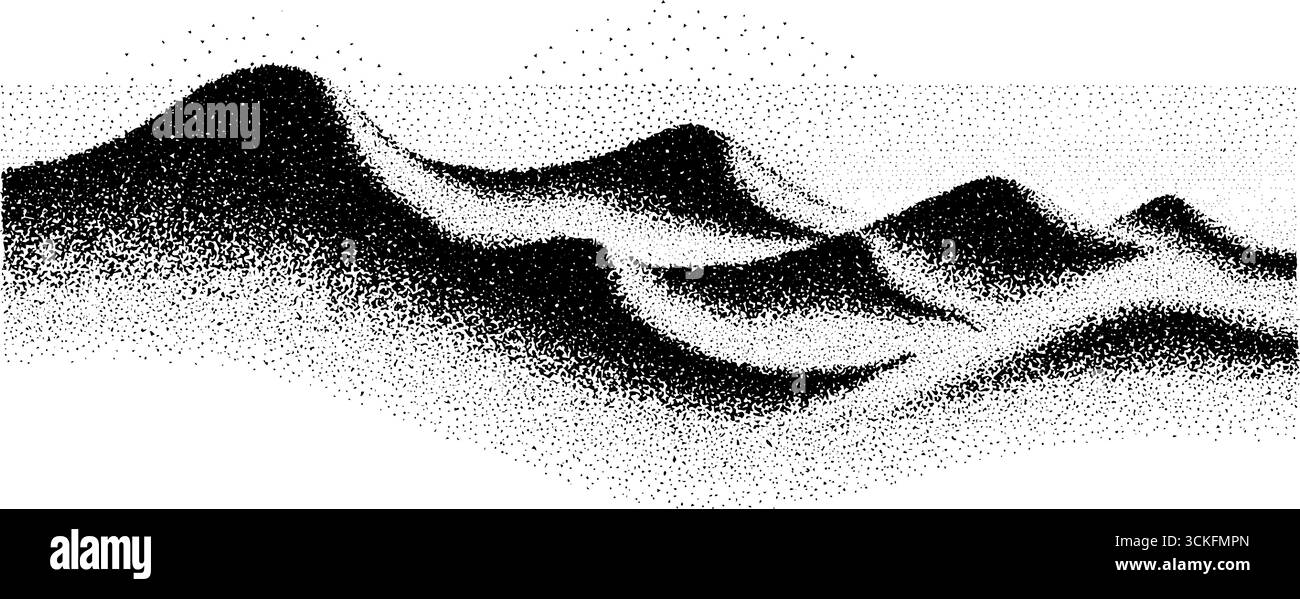 Stippelnde Dotwork-Illustration paralleler Wellenlinien im abstrakten Landschaftsdesign. Stock Vektor