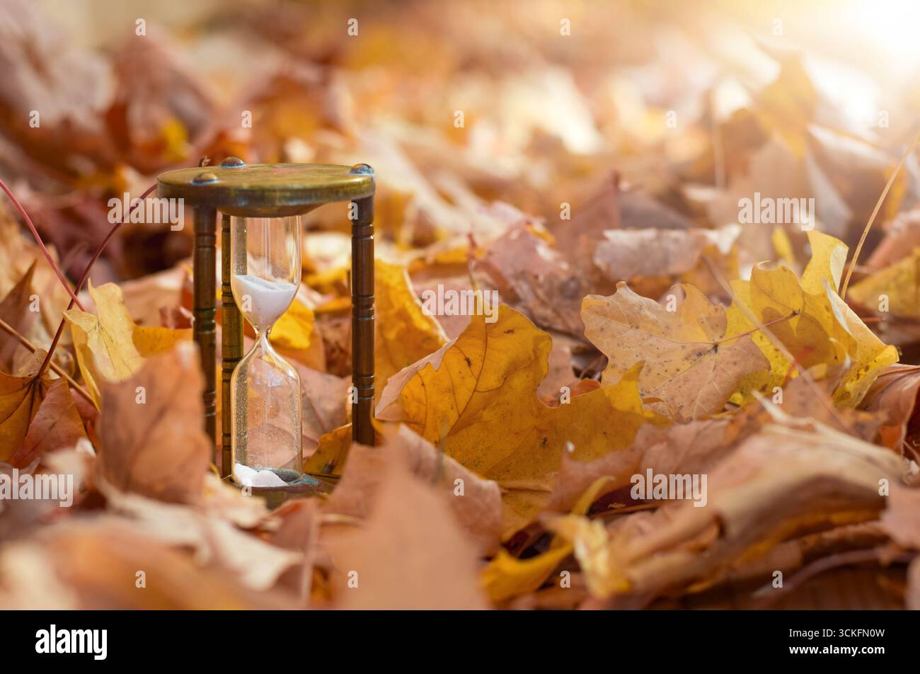 Alte Messing-Sanduhr steht draußen, umgeben von bunten Herbstblättern mit hellem Sonnenschein. Symbol der Zeit, Veränderung, Jahreszeiten, Nostalgie, Stockfoto