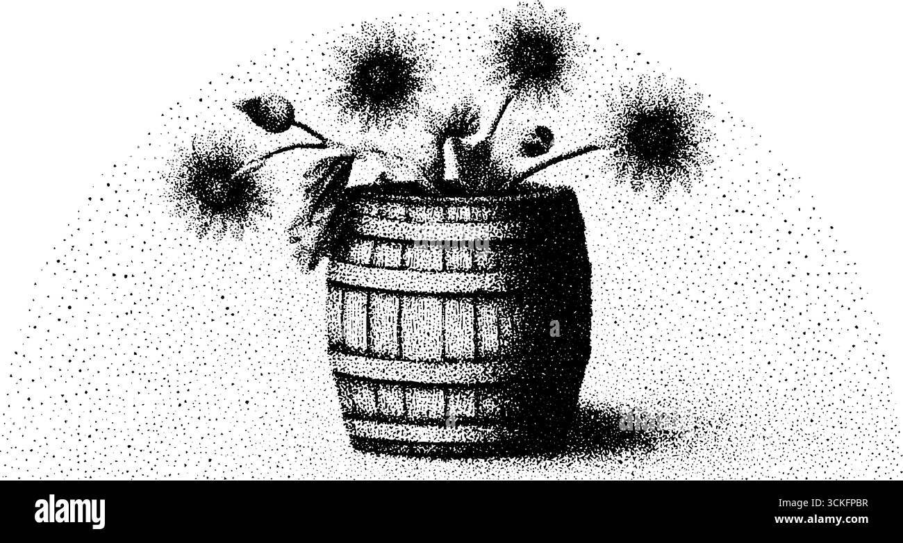 Vintage-Bierfass mit floralem Arrangement in Stippmuster für dekoratives Design. Stock Vektor