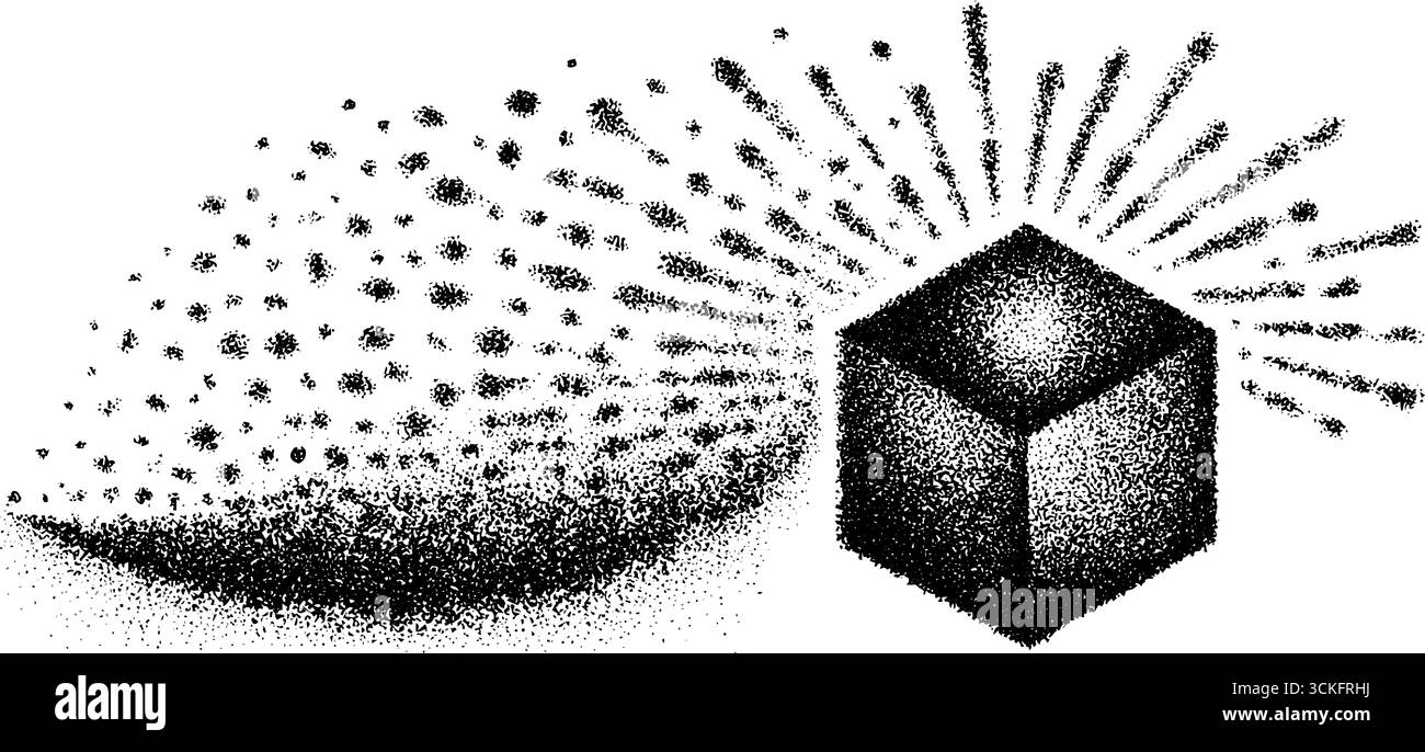 Schwarz-weißer Stippelwürfel mit Sprühlackeffekt für Design- und Kunstprojekte. Stock Vektor
