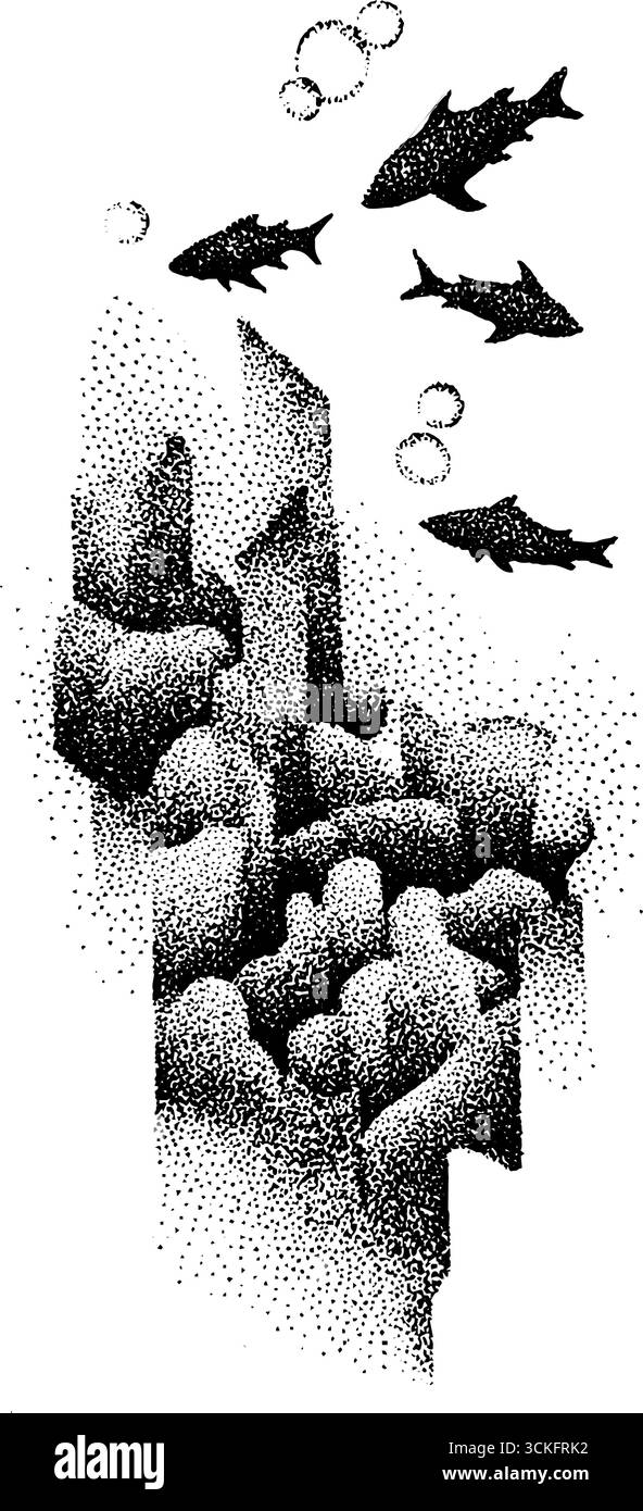 Illustration von Korallenriffen mit Fischen und Blasen für aquatisches Design. Stock Vektor