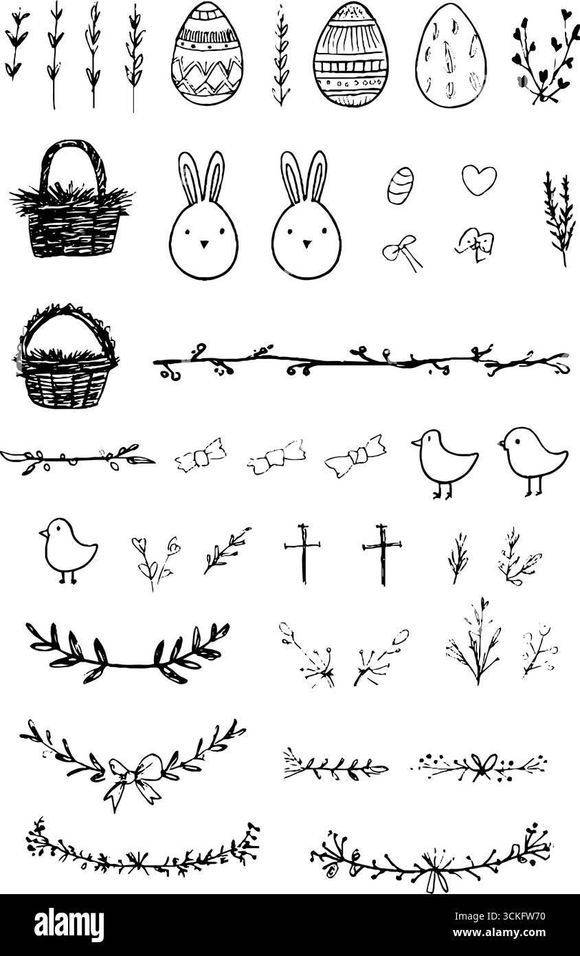Handgezeichnete osterkollektion mit dekorativen Eiern, Häschen und Federelementen für kreatives Design. Stock Vektor
