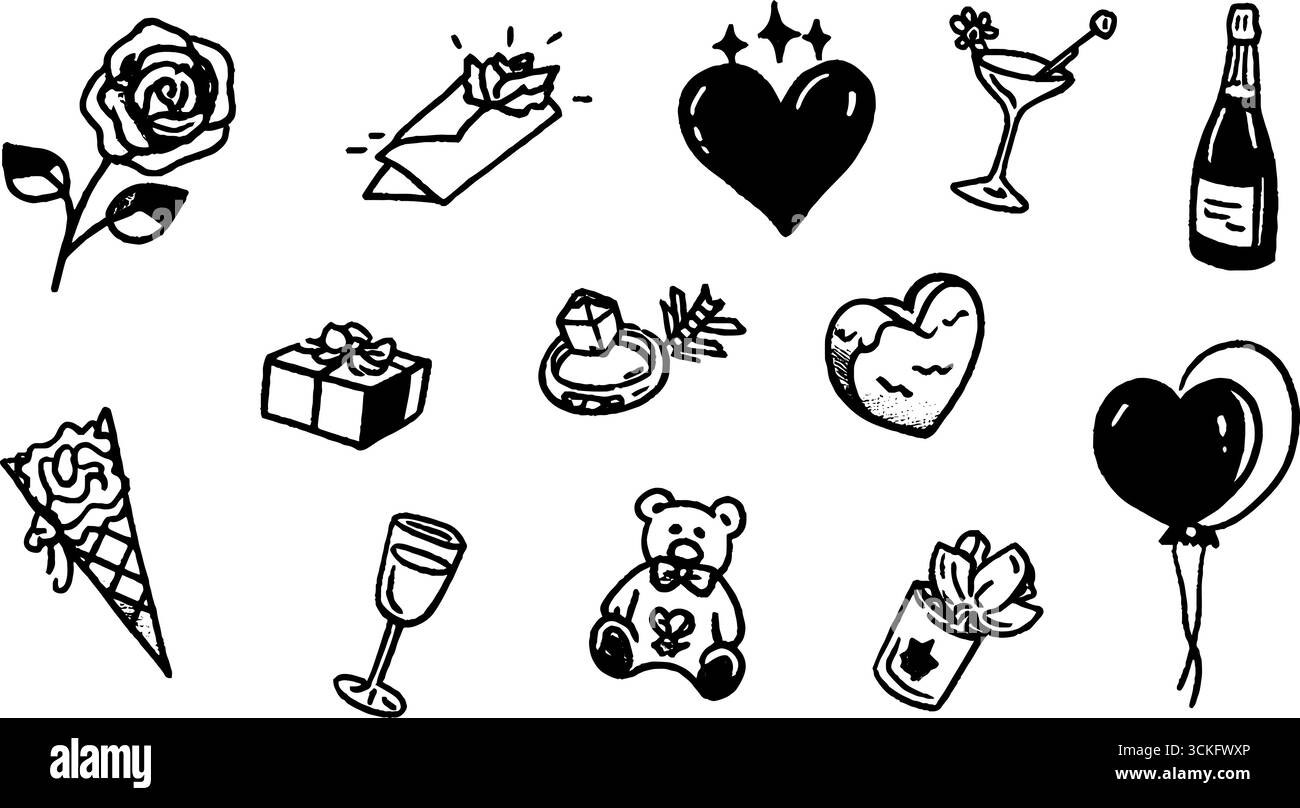 Handgezeichnete dekorative Herzen mit Pfeilen und romantischen Symbolen für valentinstag-Design. Stock Vektor