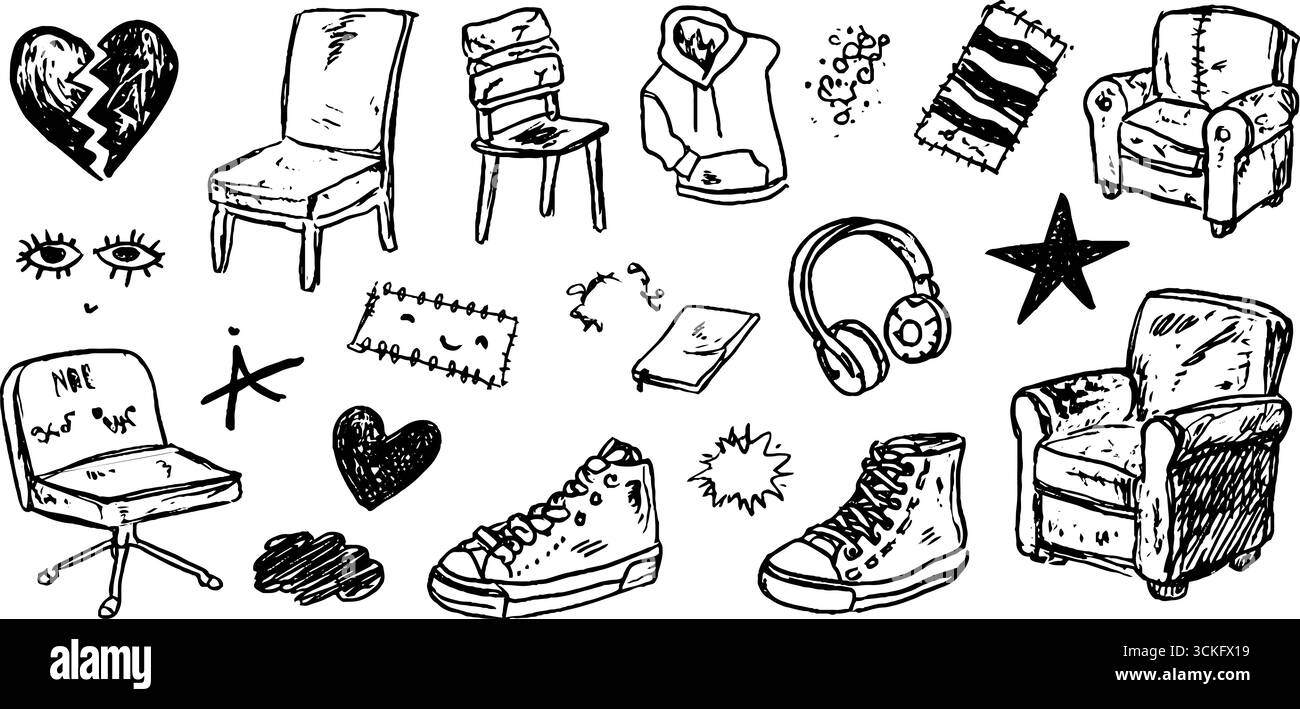 Handgezeichnete dekorative Elemente mit gebrochenen Herzen und verschiedenen Objekten für kreatives Design. Stock Vektor