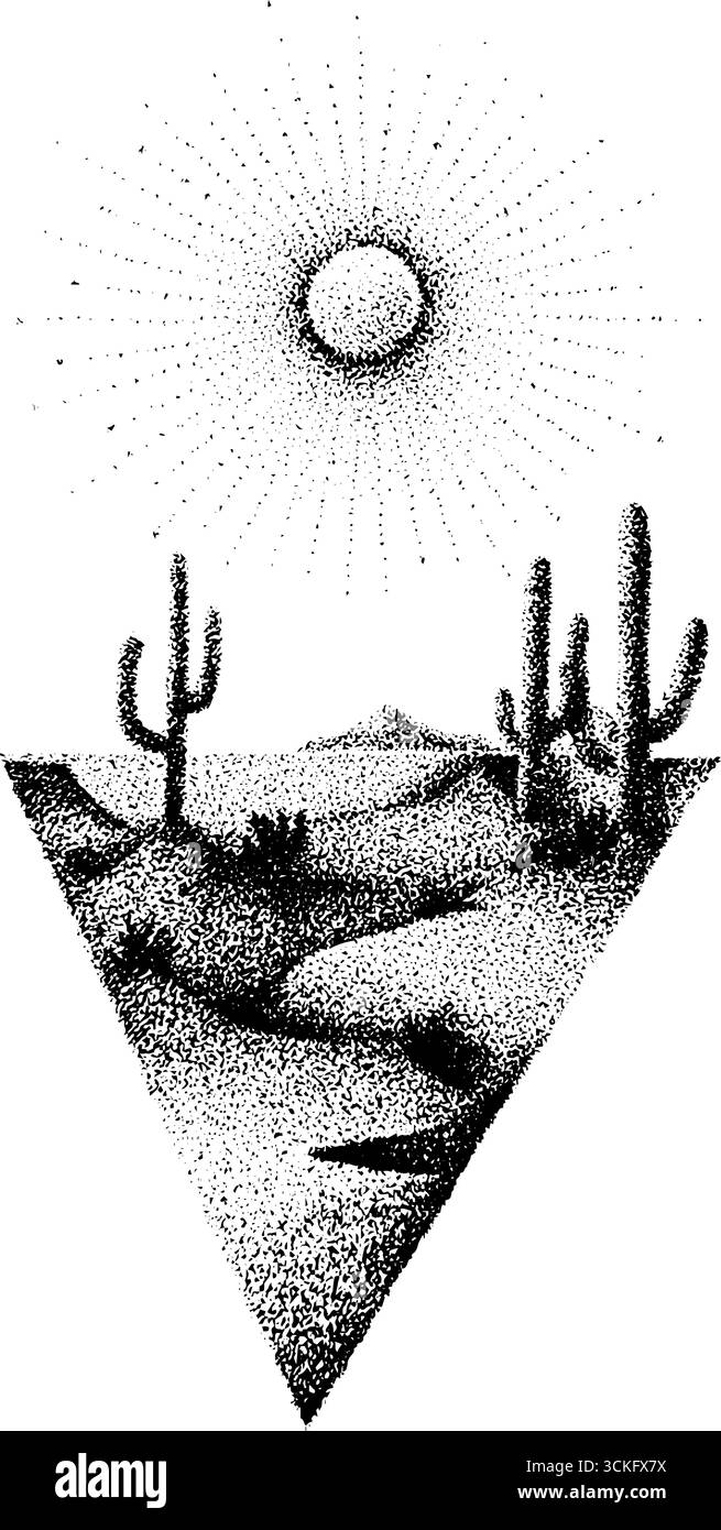 Betörende Wüstenszene mit Kakteen und Sonnenstrahlen für kreatives Design. Stock Vektor