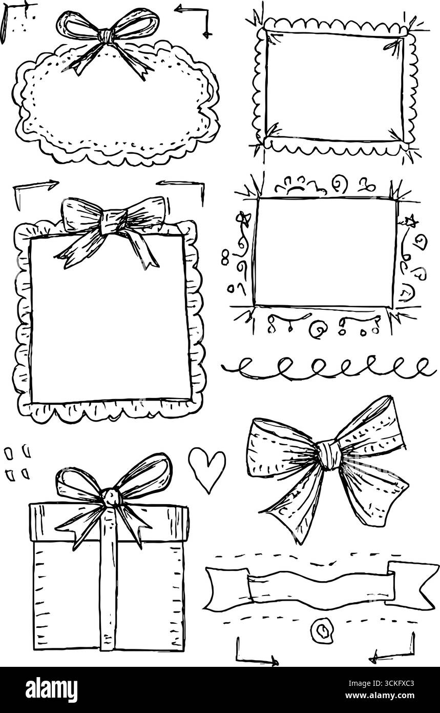 Handgezeichnete dekorative Spitzen- und Schleifenkollektion für kreative Designs. Stock Vektor