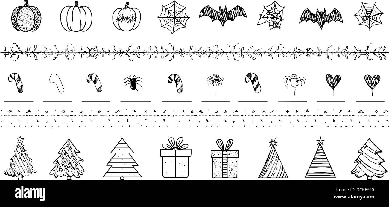 Handgezeichnete Dekorationselemente für halloween und weihnachten mit Kürbissen, Spinnen und festlichen Ikonen. Stock Vektor