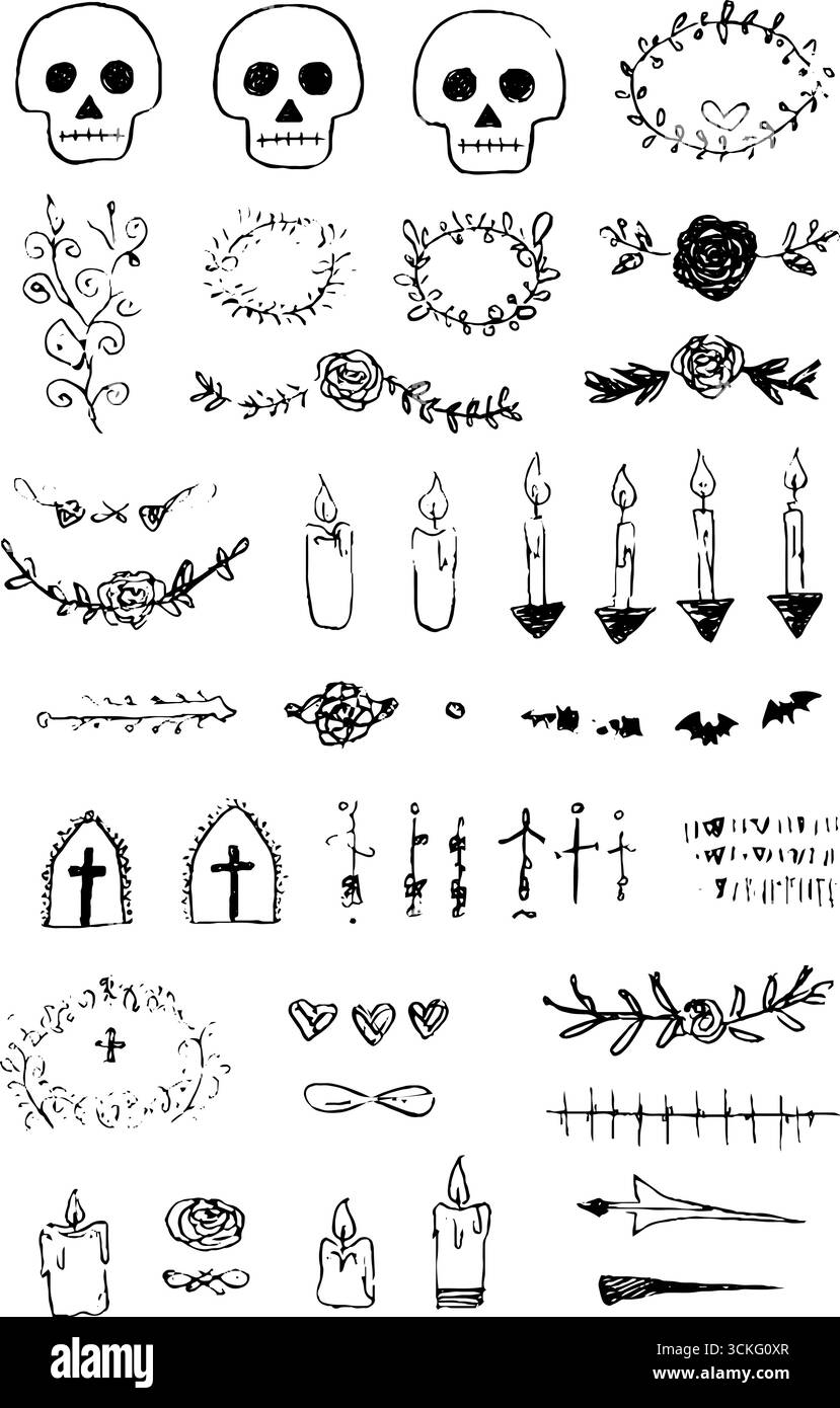 Dekorative Totenschädel und Rosen mit handgezeichneter Kerze und Blumenelementen für halloween-Design. Stock Vektor