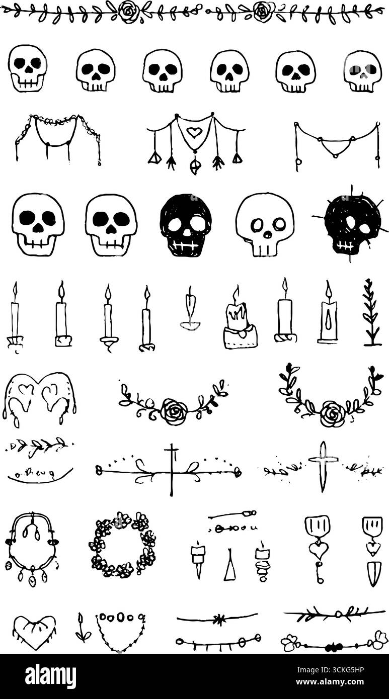 Handgezeichnetes Set aus Totenschädeln und Rosen für dekoratives Design und Tattoo-Inspiration. Stock Vektor