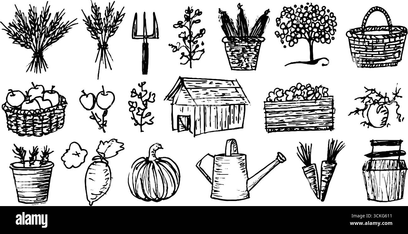 Rustikale Landwirtschafts- und Ernteelemente für Herbstdekor und -Design. Stock Vektor