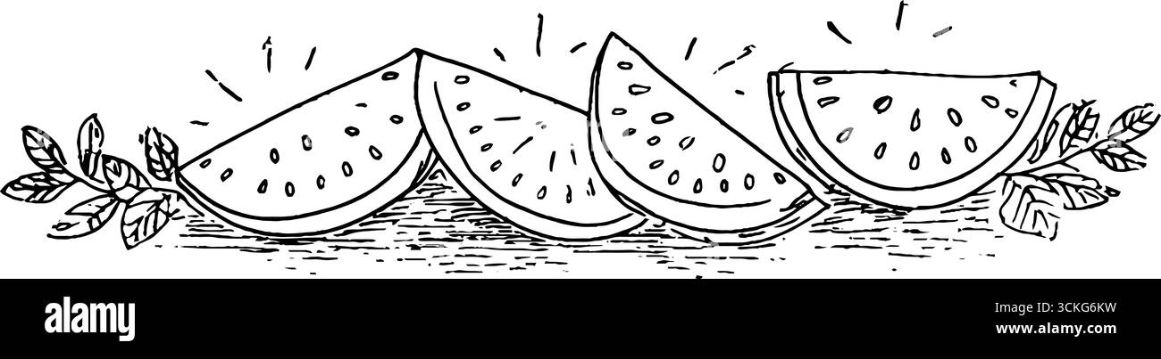 Handgezeichnetes Kritzelchen mit Wassermelonenscheiben für Sommermotive. Stock Vektor