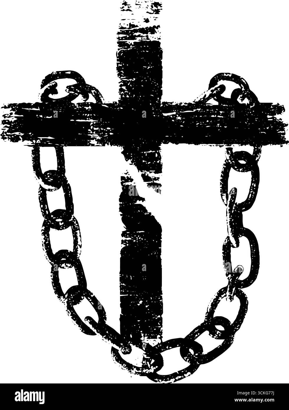 Grunge schwarz-weiß gebrochenes Kettenkreuz für urbane Kunst und Tattoos. Stock Vektor