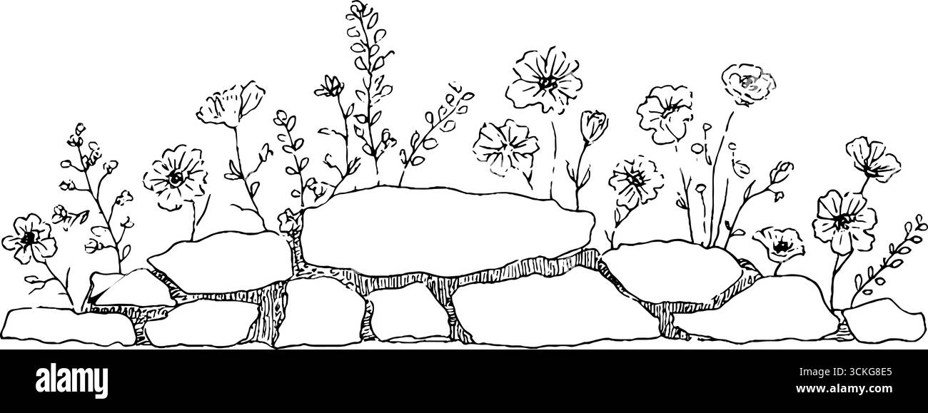 Künstlerischer Steinfries mit handgezeichnetem floralem Doodle-Design für dekorative Borten. Stock Vektor