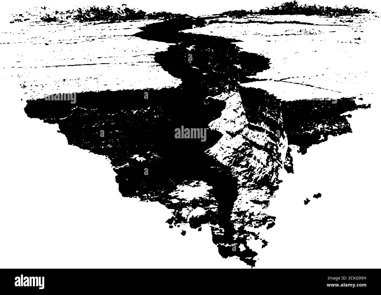 Grunge-Schwarz-weiß-Landschaftsdarstellung eines zerrissenen Geländes für urbane Kunst- und Designprojekte. Stock Vektor