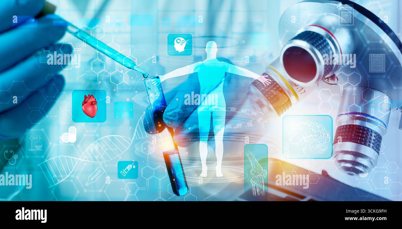 Nahaufnahme eines Wissenschaftlers mit einer Pipette mit blauer Flüssigkeit in das Reagenzglas unter Mikroskop kombiniert mit digitalen Grafiken des menschlichen Körpers, der DNA, der Organe und des menschlichen Körpers Stockfoto