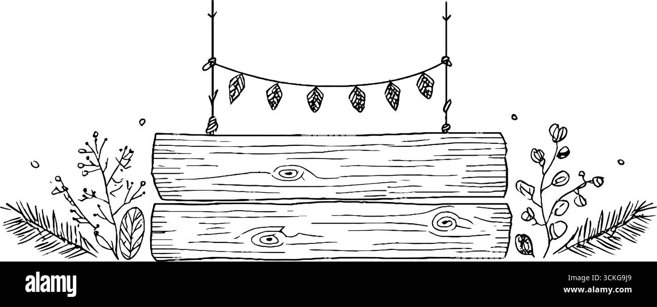 Rustikales Waldland handgezeichnete Kritzelszene mit gestapelten Holzbrettern und botanischen Elementen. Stock Vektor