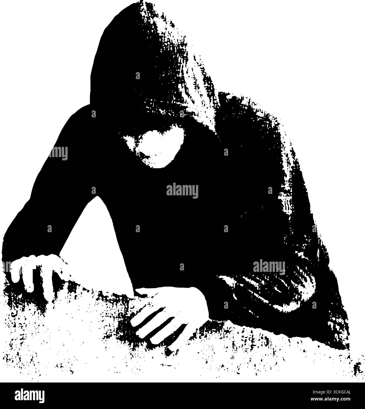 Geheimnisvolle Kapuzenfigur in grunge Schwarz-weiß-Kunstwerken für urbanes Design. Stock Vektor