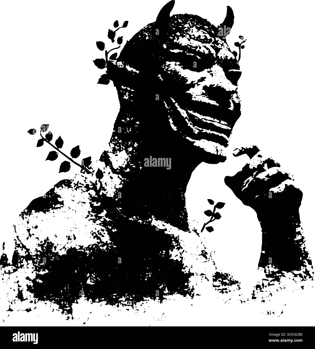 Schwarze und weiße Dämonensilhouette mit zerrissener Textur für urbanes Design. Stock Vektor