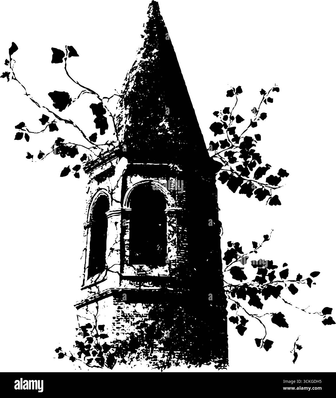 Grunge schwarz-weiße Illustration eines zerrissenen gotischen Turms mit Efeu. Stock Vektor Grunge schwarz-weiße Illustration eines zerrissenen gotischen Turms mit Efeu. Stock Vektor