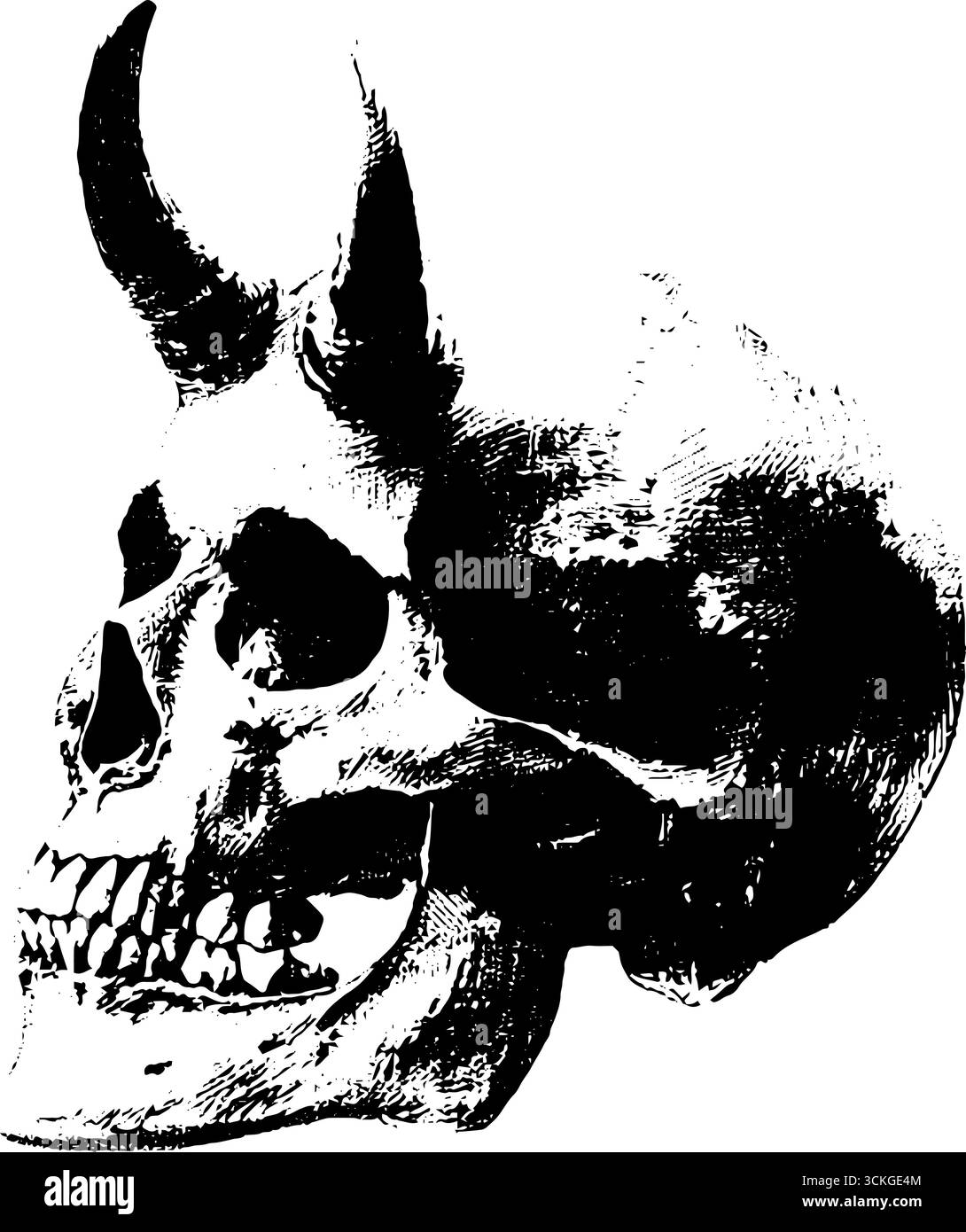 Grunge schwarz-weißer Schädel mit Dämonenhörnern für Tattoo- oder Posterdesign. Stock Vektor