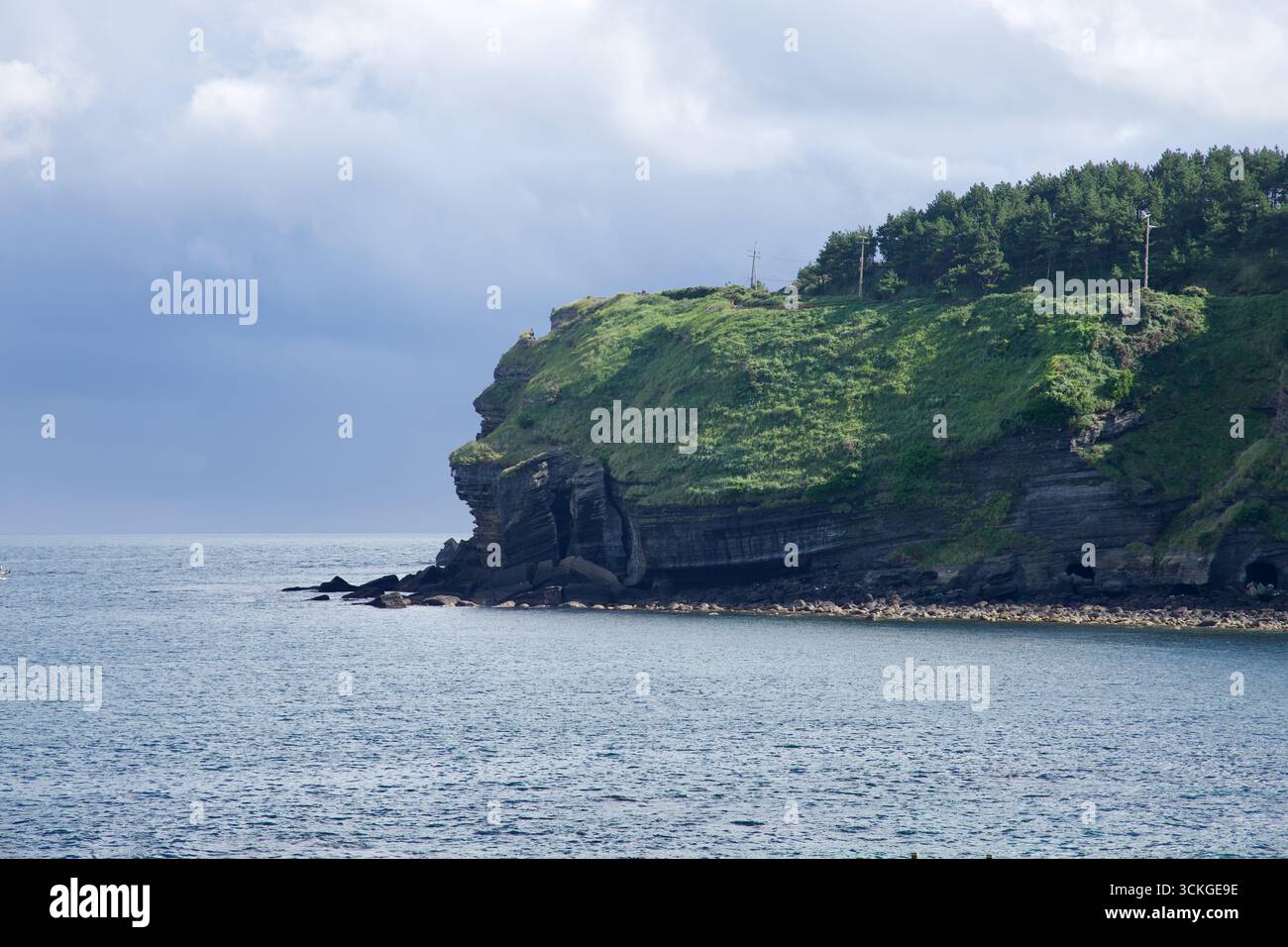 Die grüne Landzunge von Yongmeori neigt sich über das Meer, ihre Lavastuffschichten und Höhleneingänge zeigen Erosion entlang der Südküste von Jeju. Stockfoto