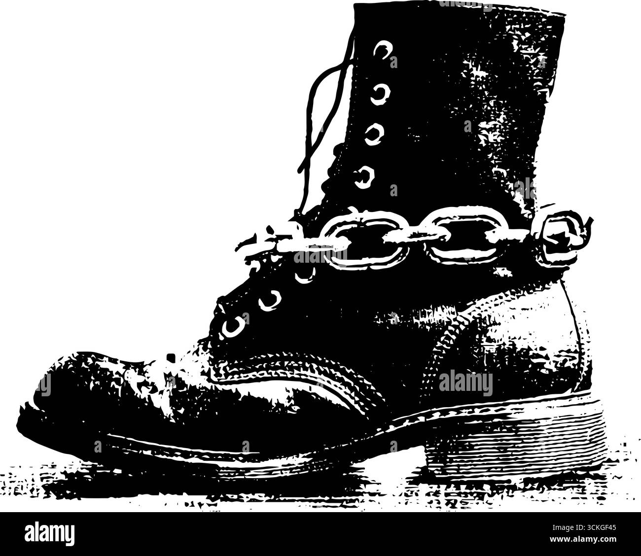 Schwarzer und weißer Punk-Stiefel mit Kettendesign für urbane Kunst und Modekonzepte. Stock Vektor