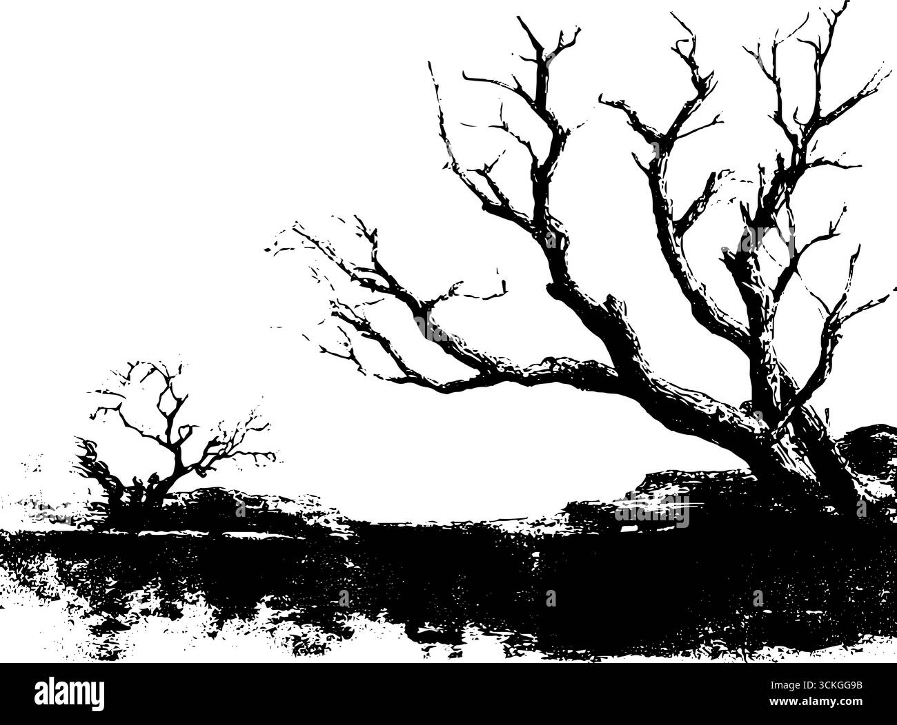 Grunge-Schwarz-weiß-Illustration von gefrorenen Baumsilhouetten im winterlichen Landschaftsdesign. Stock Vektor