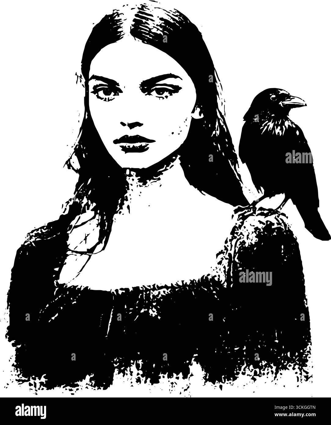 Grunge Schwarz-weiß-Porträt von Goth Girl mit Raben für urbane Kunst. Stock Vektor