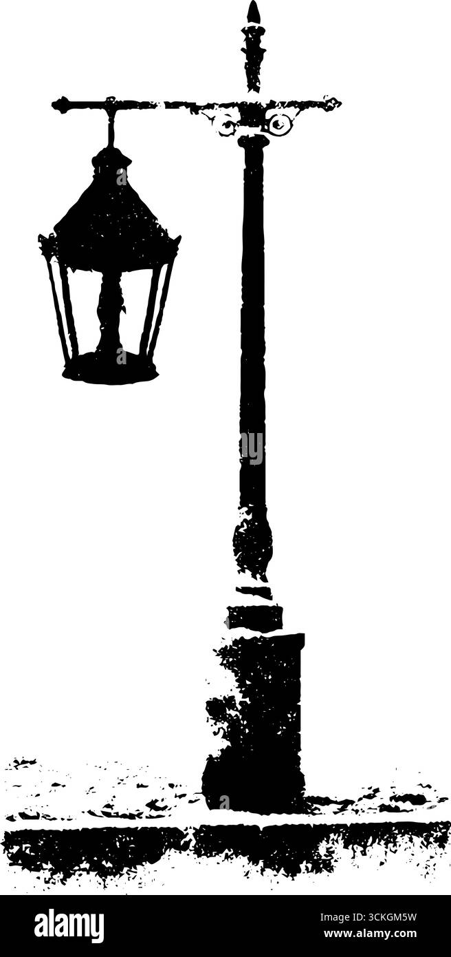 Vintage grunge schwarz-weiße Illustration einer schneebedeckten Straßenlaterne für urbanes Design. Stock Vektor