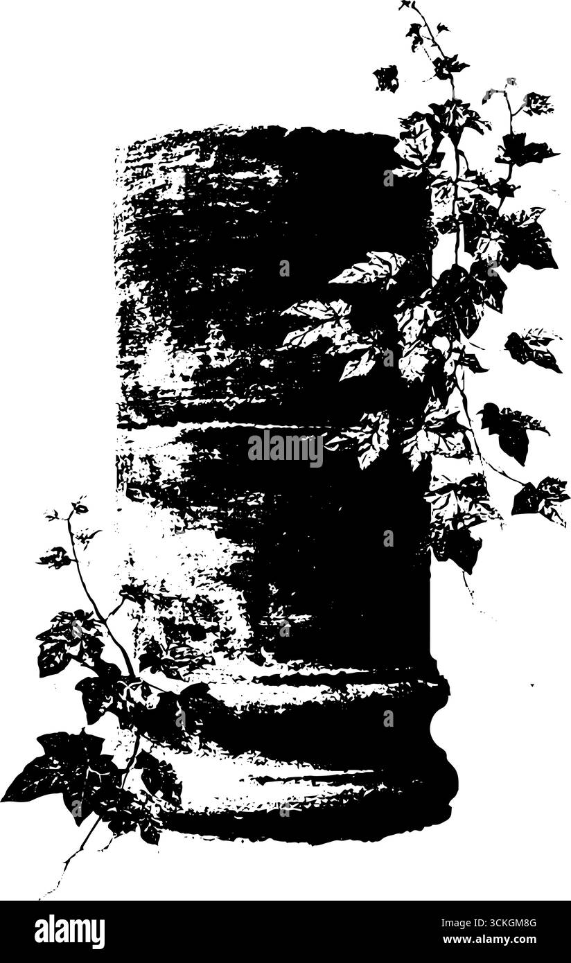 Verwitterte Säule mit Klettereifeu in schwarz-weißer Grunge-Illustration. Stock Vektor Verwitterte Säule mit Klettereifeu in schwarz-weißer Grunge-Illustration. Stock Vektor