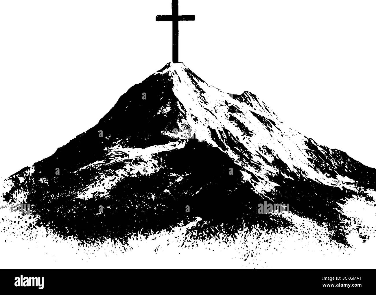 Grunge schwarz-weiße Illustration eines schneebedeckten Berges mit Kreuz auf dem Gipfel für Kunst und Design. Stock Vektor
