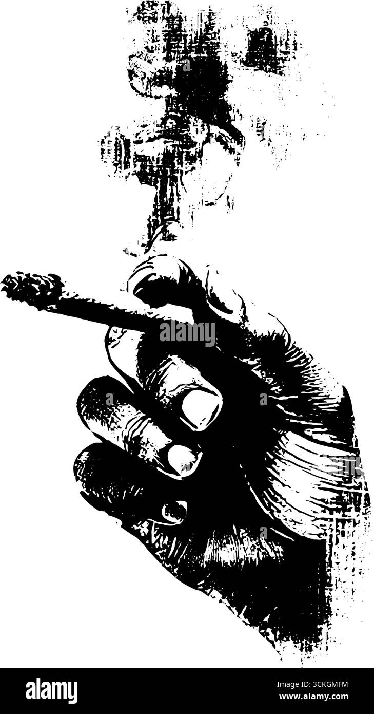 Schwarz-weiße Schablone im Grunge-Stil einer Hand, die eine rauchende Zigarette hält. Stock Vektor