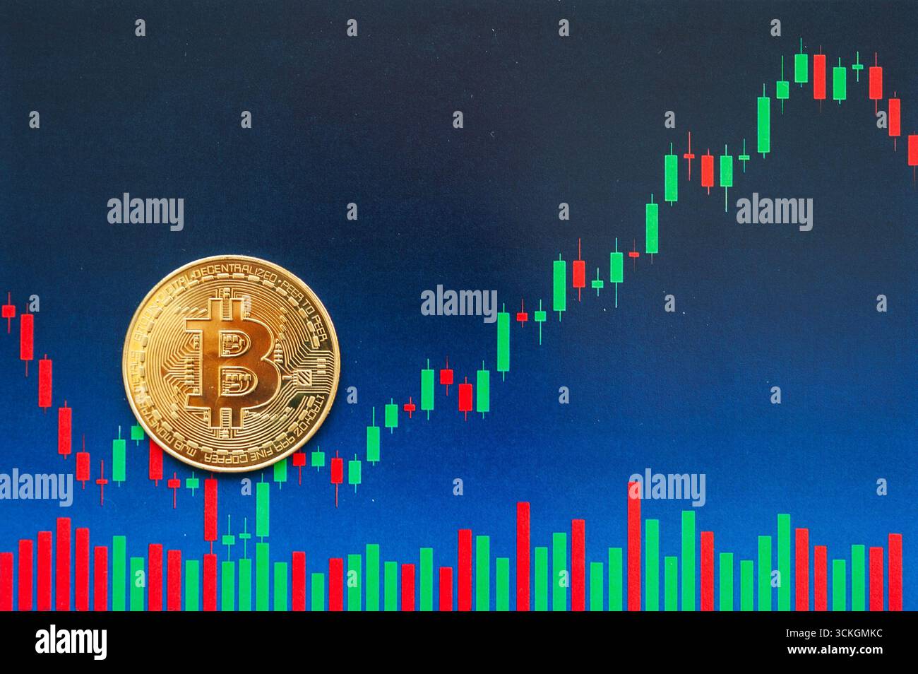 Bitcoin-Münze mit Kerzenaktendiagramm, in dem Marktvolatilität und Preistrends dargestellt werden Stockfoto
