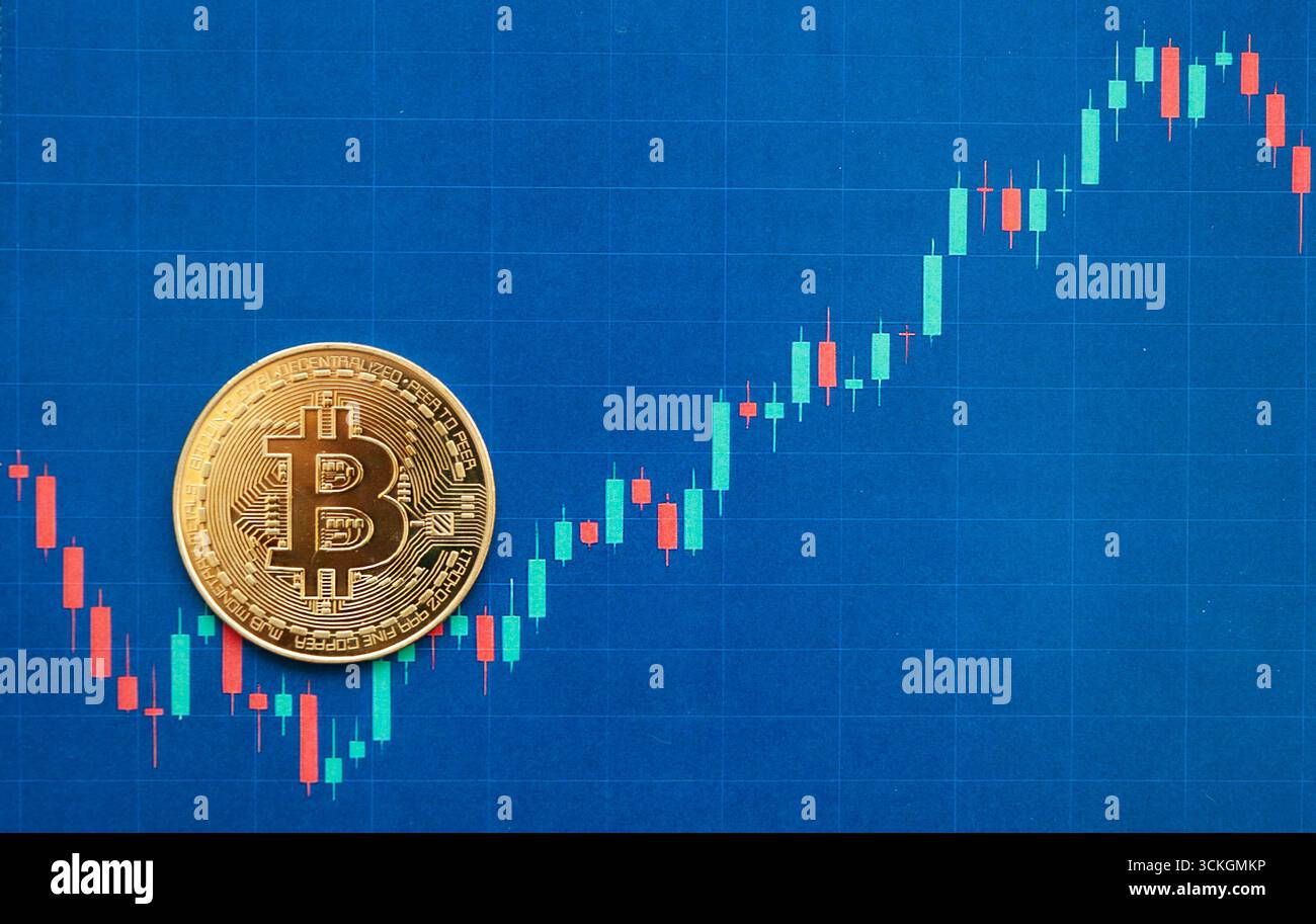 Bitcoin-Münze mit Kerzenaktendiagramm, in dem Marktvolatilität und Preistrends dargestellt werden Stockfoto