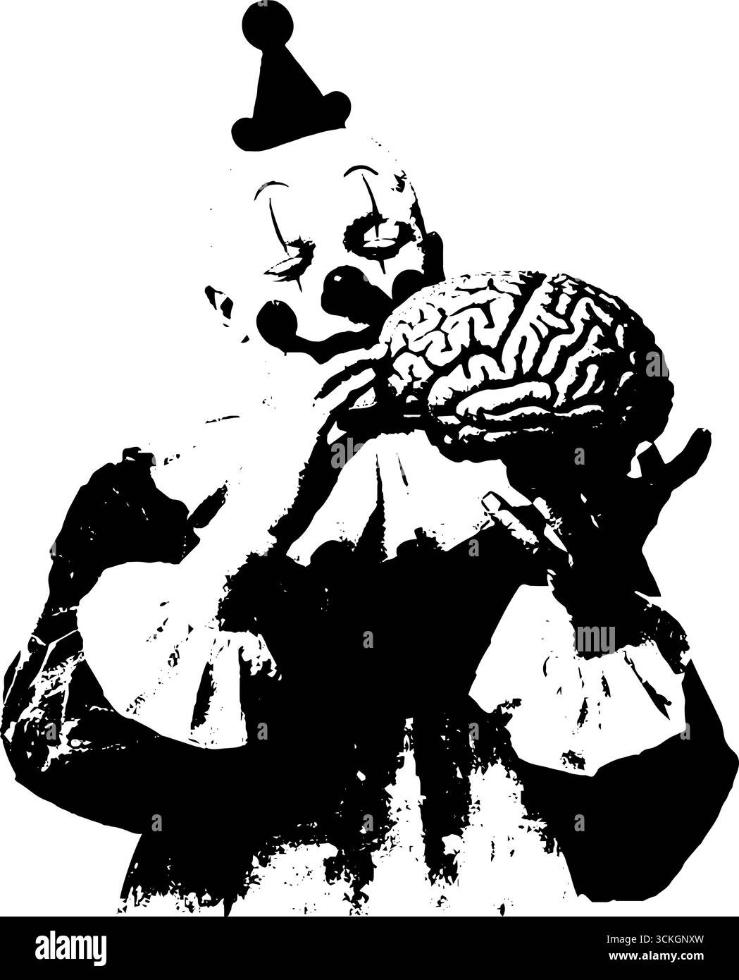 Grunge-Schwarz-weiß-Kunst des Zombie-Clowns, der das Gehirn hält, für gruselige halloween-Designs. Stock Vektor