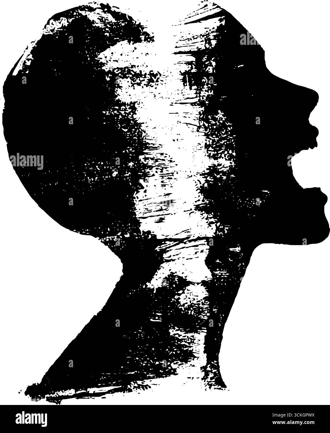 Schwarz-weiße Zombiekopf-Silhouette für gruseliges urbanes Design. Stock Vektor