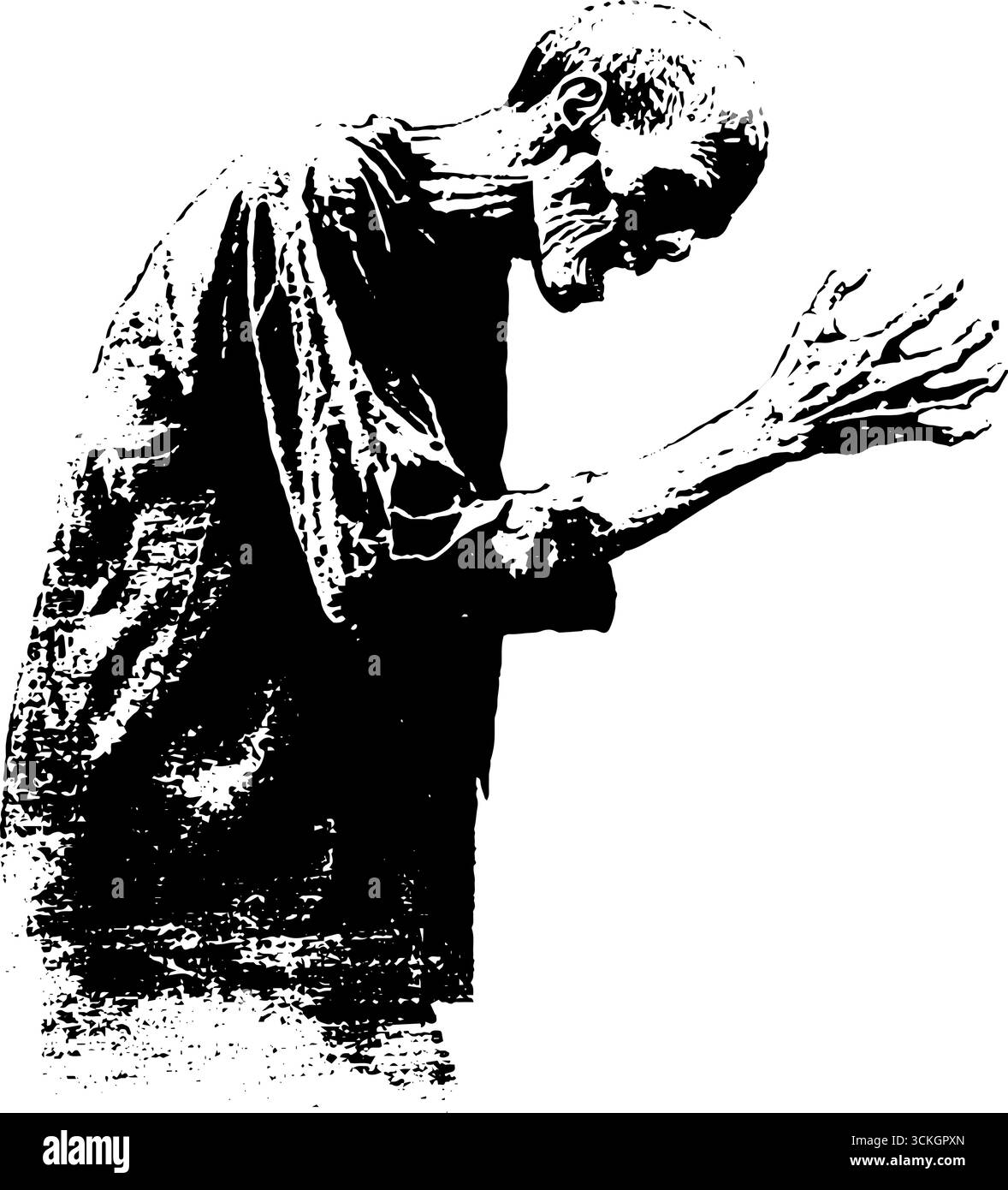 Grunge schwarz-weiße Illustration von Zombie in verzweifelter Pose für halloween Design. Stock Vektor