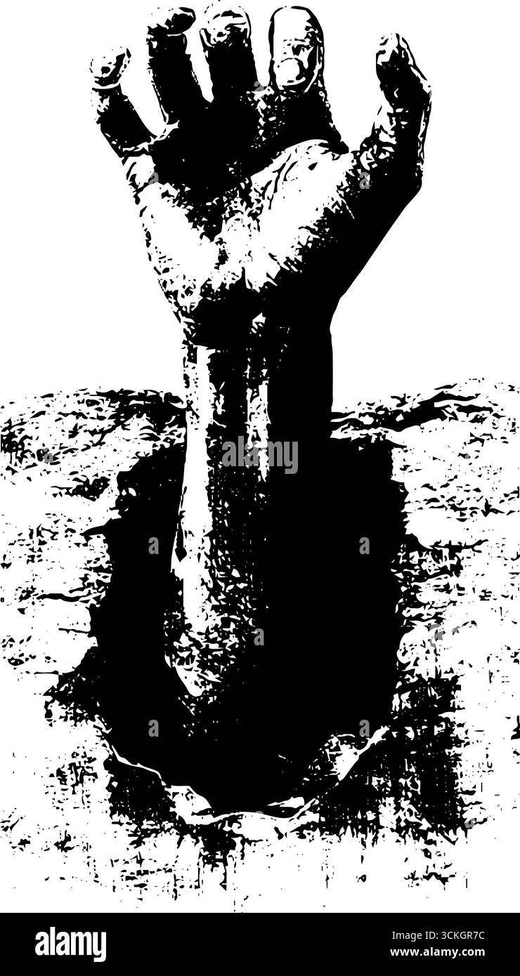 Grunge Schwarze und weiße Zombiehand, die aus dem Ground Design für halloween-Thema auftaucht. Stock Vektor