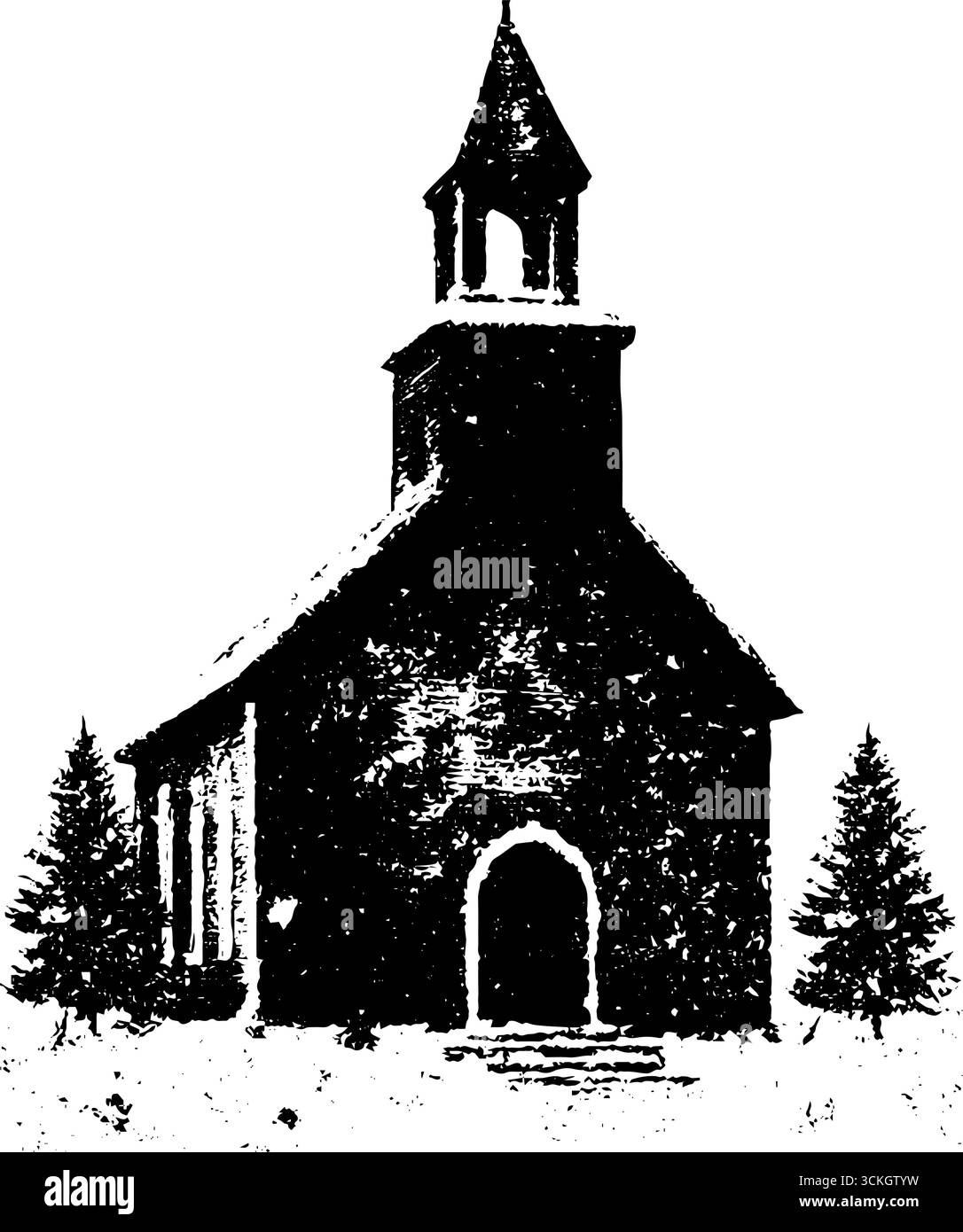Vintage schwarz-weiße Grunge-Illustration einer schneebedeckten Kirche für die Gestaltung der Winterferien. Stock Vektor